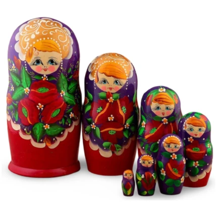 Μεγάλο Σετ 7 Μπαμπούσκες Κόκκινες-Μωβ με Παπαρούνες 21 εκ. AZHNA (MS07KojN-02)