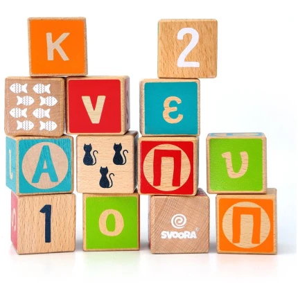 Svoora ξύλινοι κύβοι οξιάς , δημιουργίας λέξεων αριθμών σχημάτων (03020)