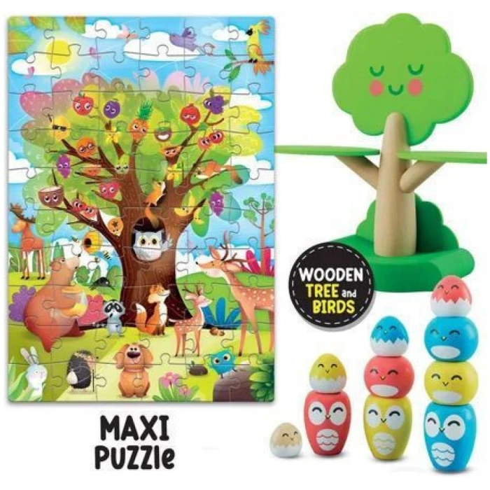 Montessori Baby Happy Birds Ξύλινο Δέντρο Ισορροπίας + Παζλ 60 τεμ. - Image 2