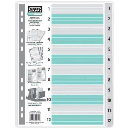 Διαχωριστικό Ευρετήριο Αριθμητικό (1-12) Πλαστικό ECO Α4 με τρύπες SKAG (228145)